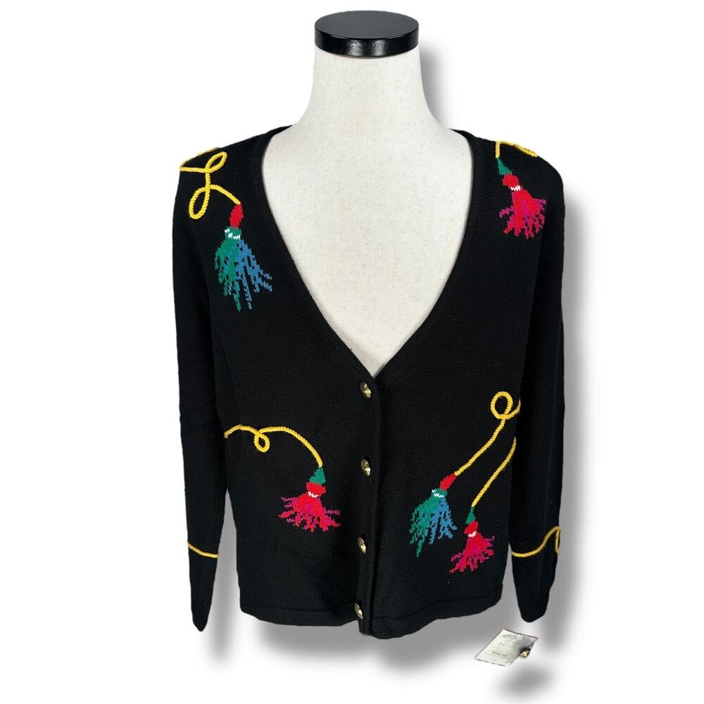 Vintage Susan Bristol Cardigan Sweater Women’s Large Black Tassels Christmas New